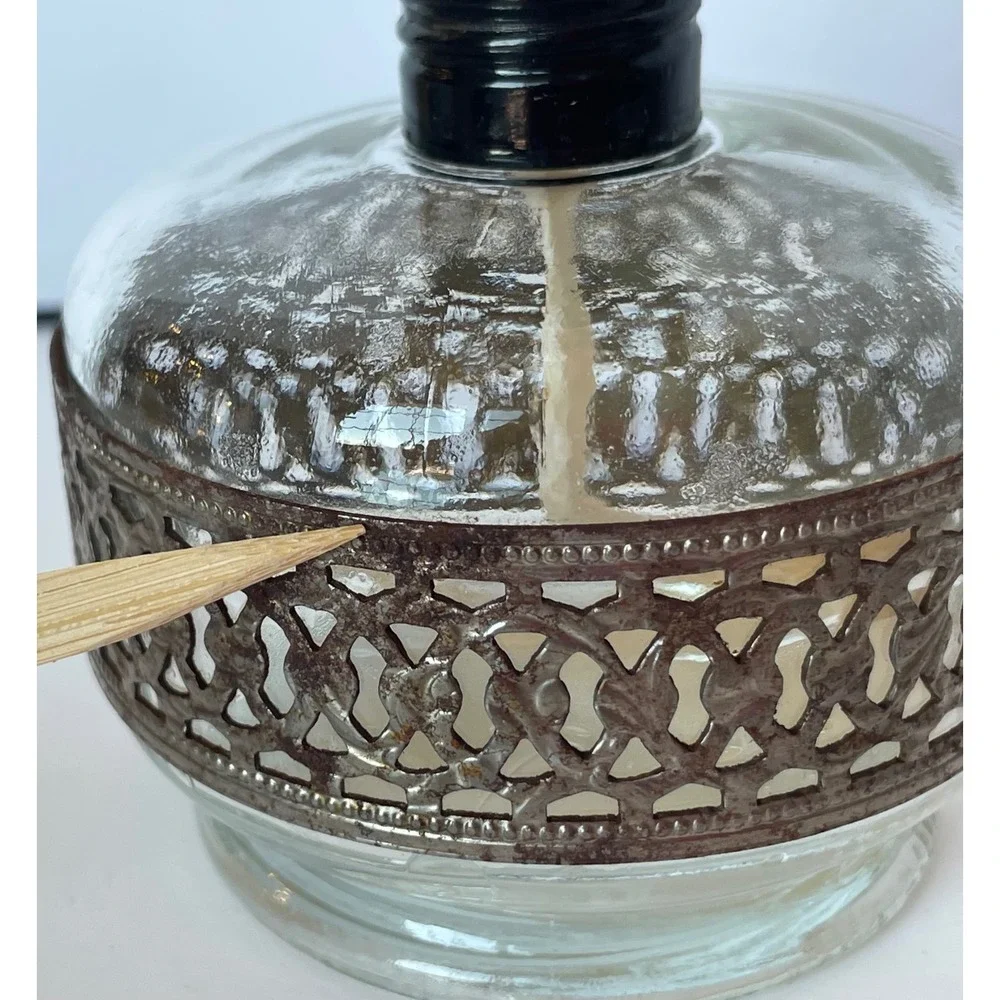 Vintage Lamplight Farms Glass Oil Lamp w/ Reticulated Metal Filigree Band 8.5